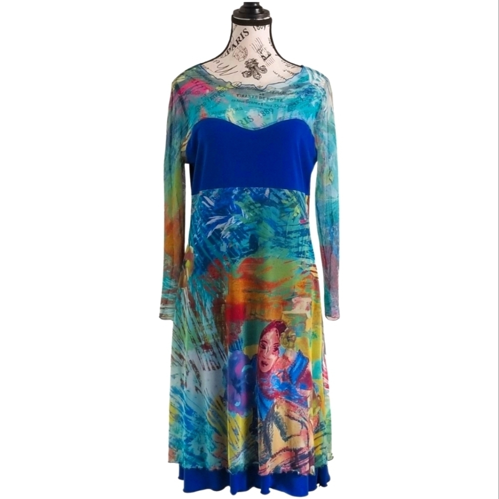 🇨🇦 Véronique D’Aragon Designer Blue Mesh Artsy Midi Dress Size Large eclectic